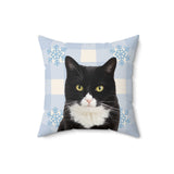 Custom 16 inch throw pillow with a tuxedo cat photo cutout portrait on a light blue gingham background with white snowflakes[SnowyGinghamImageCutOut]