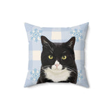 Custom 16 inch throw pillow with a tuxedo cat hand illustration portrait on a light blue gingham background with white snowflakes[SnowyGinghamHandIllustration]