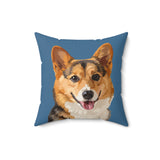 Custom 16 inch throw pillow with a corgi photo cutout portrait on a solid blue background[SolidBlueImageCutOut]