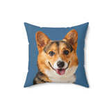 Custom 16 inch throw pillow with a corgi hand illustration portrait on a solid blue background[SolidBlueHandIllustration]