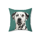Custom 16 inch throw pillow with a Dalmatian photo cutout portrait on a solid green background[SolidGreenImageCutOut]