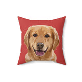 Custom 16 inch throw pillow with a golden retriever hand illustration portrait on a solid red background[SolidRedHandIllustration]