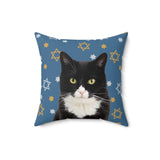 Custom 16 inch throw pillow with a tuxedo cat photo cutout portrait on a blue background with gold and white Stars of David[StarofDavidImageCutOut]