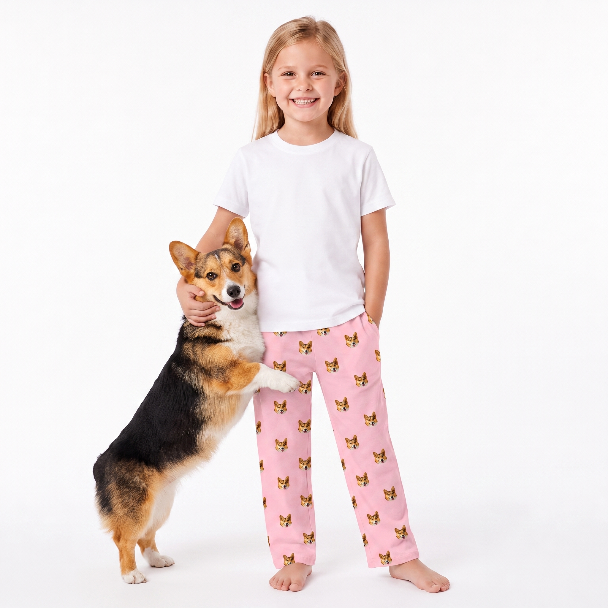 A young girl with blonde hair stands barefoot next to a corgi dog, wearing a white t-shirt and Pink Dream pajama pants with a repeating pattern of small yellow dogs. The background is a clean white studio backdrop.