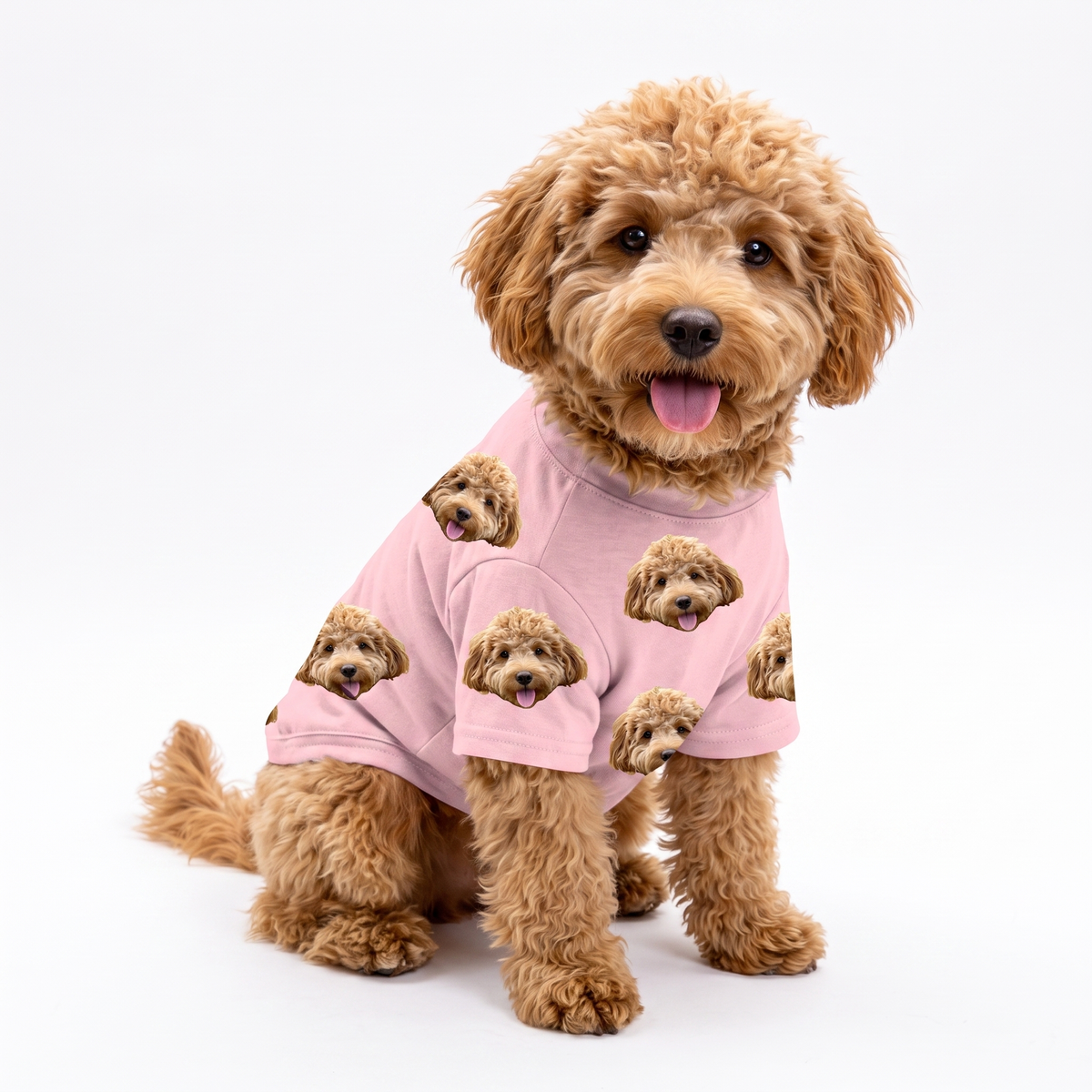 Poodle mix wearing a pink custom dog shirt with a repeating dog face pattern on a white studio background.