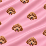 Close-up of the Pink Dream print showing custom pet faces repeated across a soft pink fabric