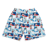 A pair of men's boxer shorts featuring a colorful cartoon dog collage pattern on a white background with blue panels.