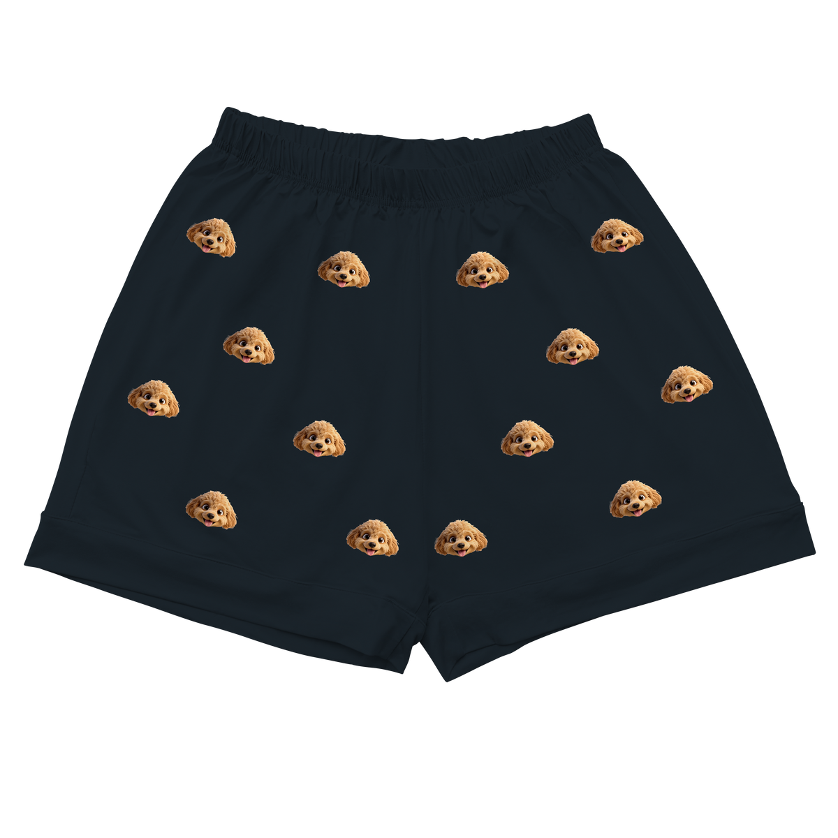 These are cartoon pajama shorts in a black color with repeating pet faces on them[PajamaShorts]