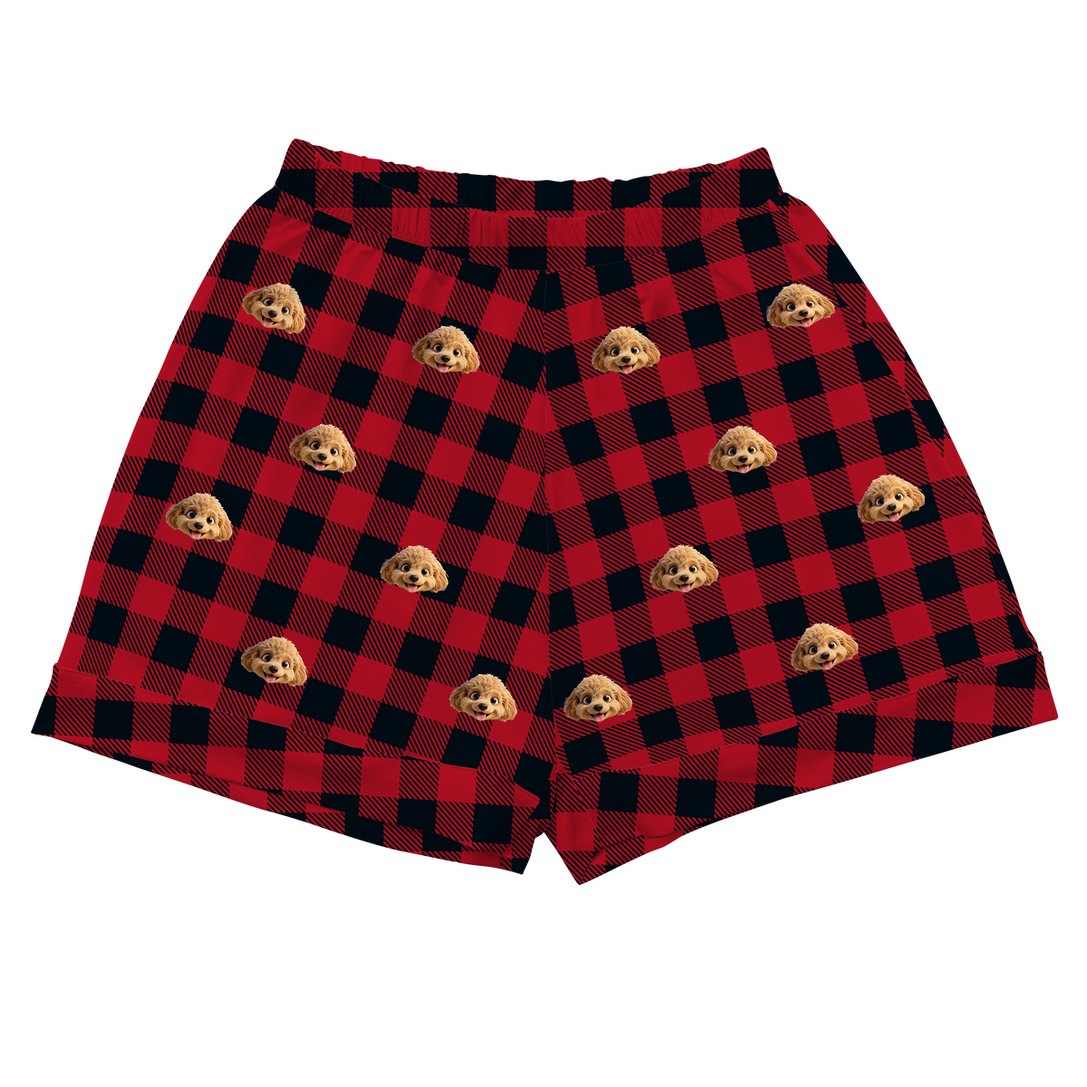 Red and black checkered shorts with small dog faces on a white background