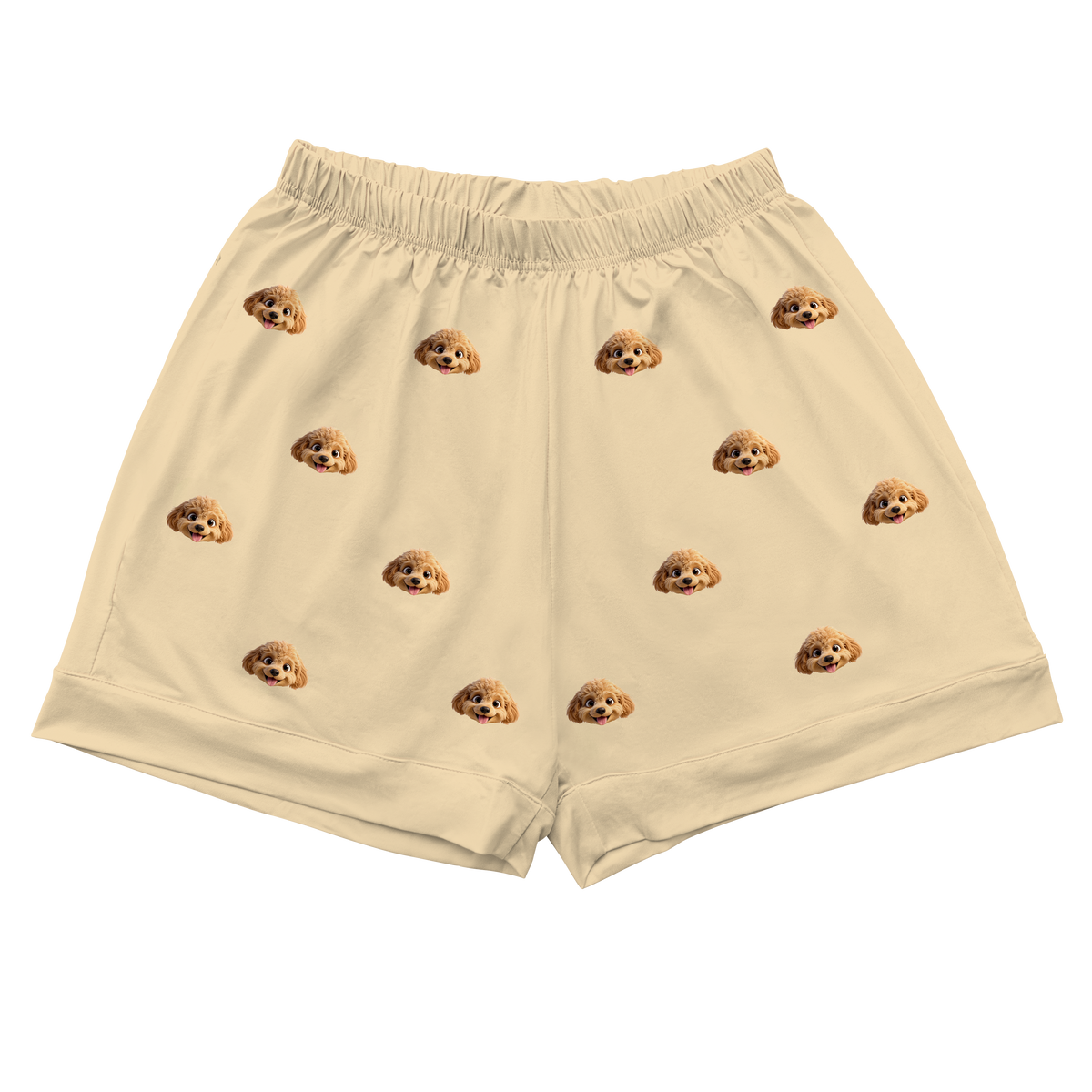 These are cartoon pajama shorts in a yellow color with repeating pet faces on them[PajamaShorts]