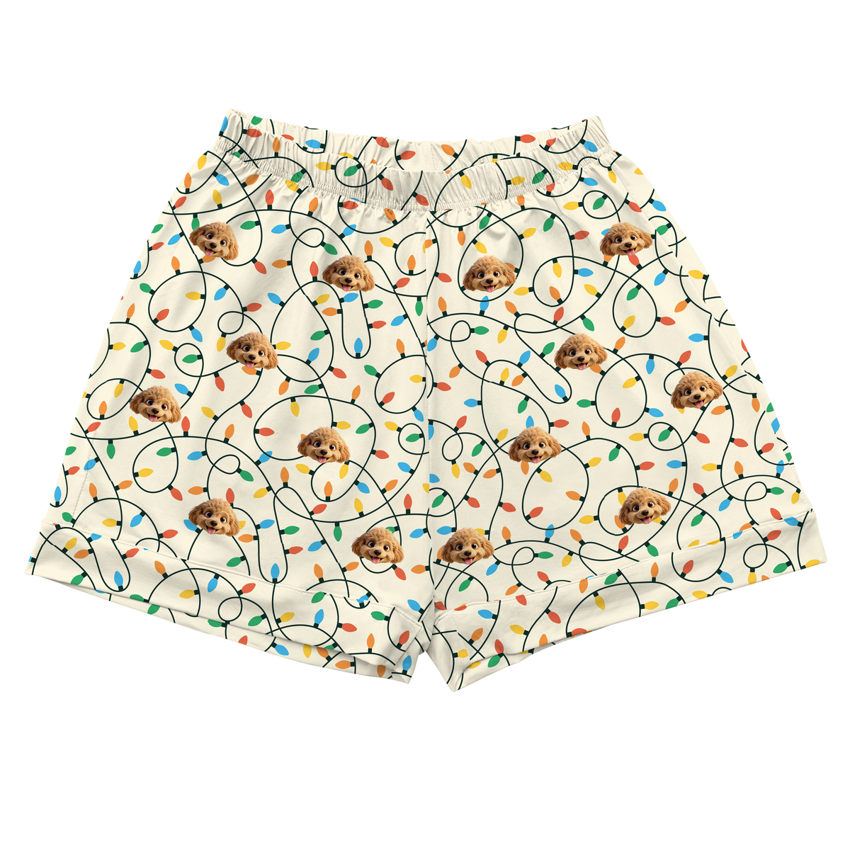 Shorts with a pattern of dogs surrounded by colorful lights on a white background
