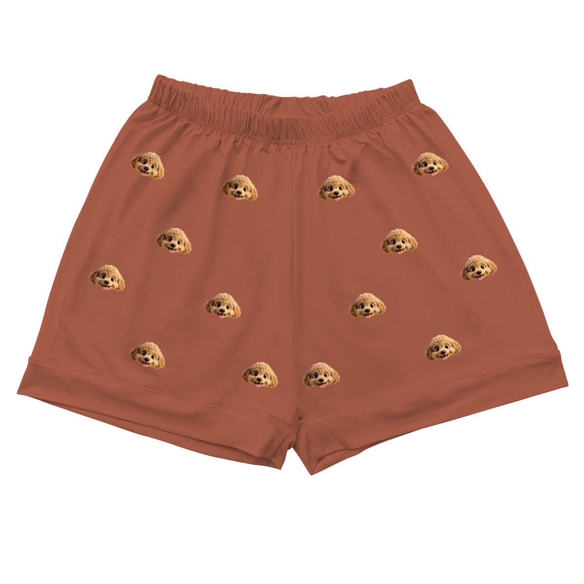 These are cartoon pajama shorts in a brown color with repeating pet faces on them[PajamaShorts]