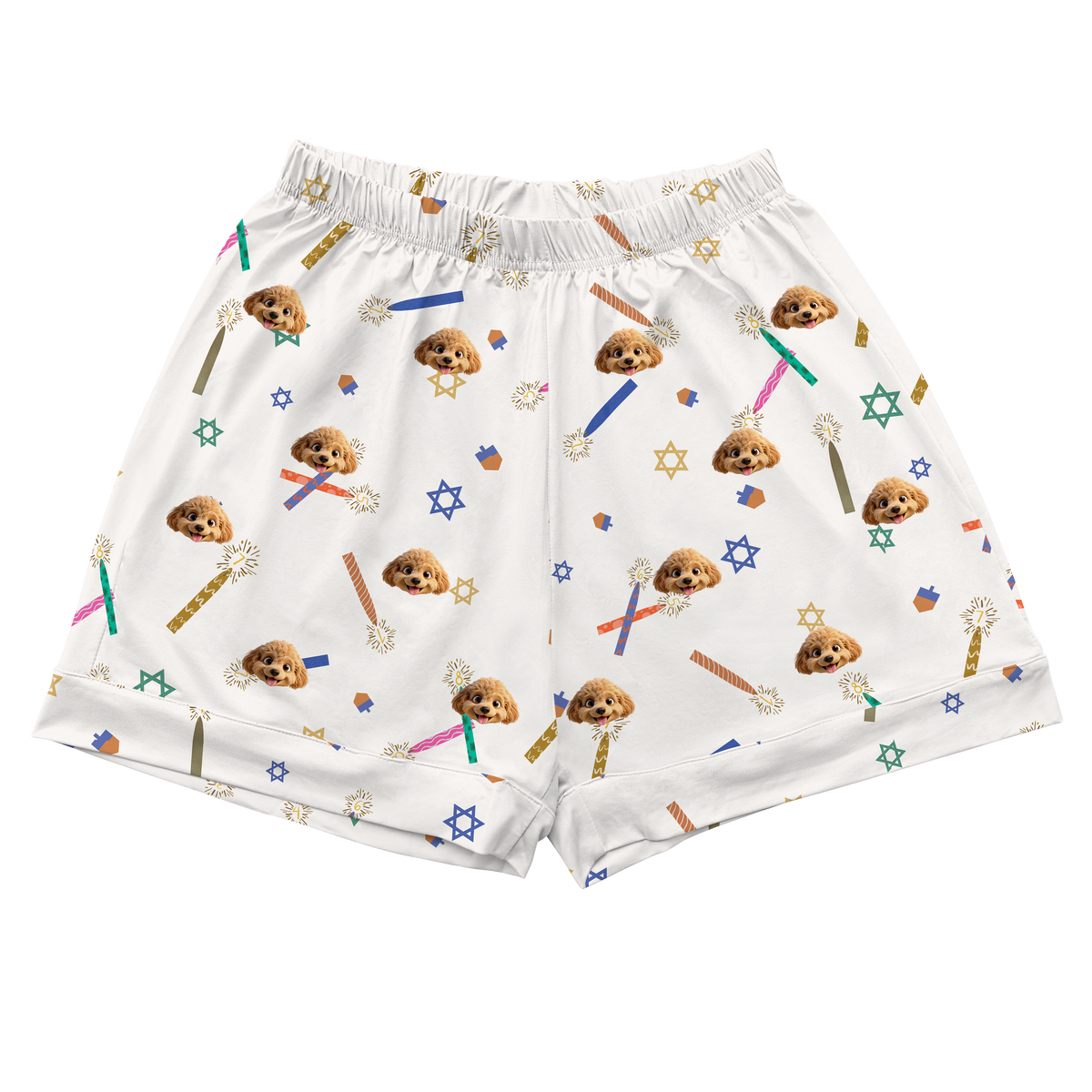 White shorts with cartoon dog and star pattern on a white background
