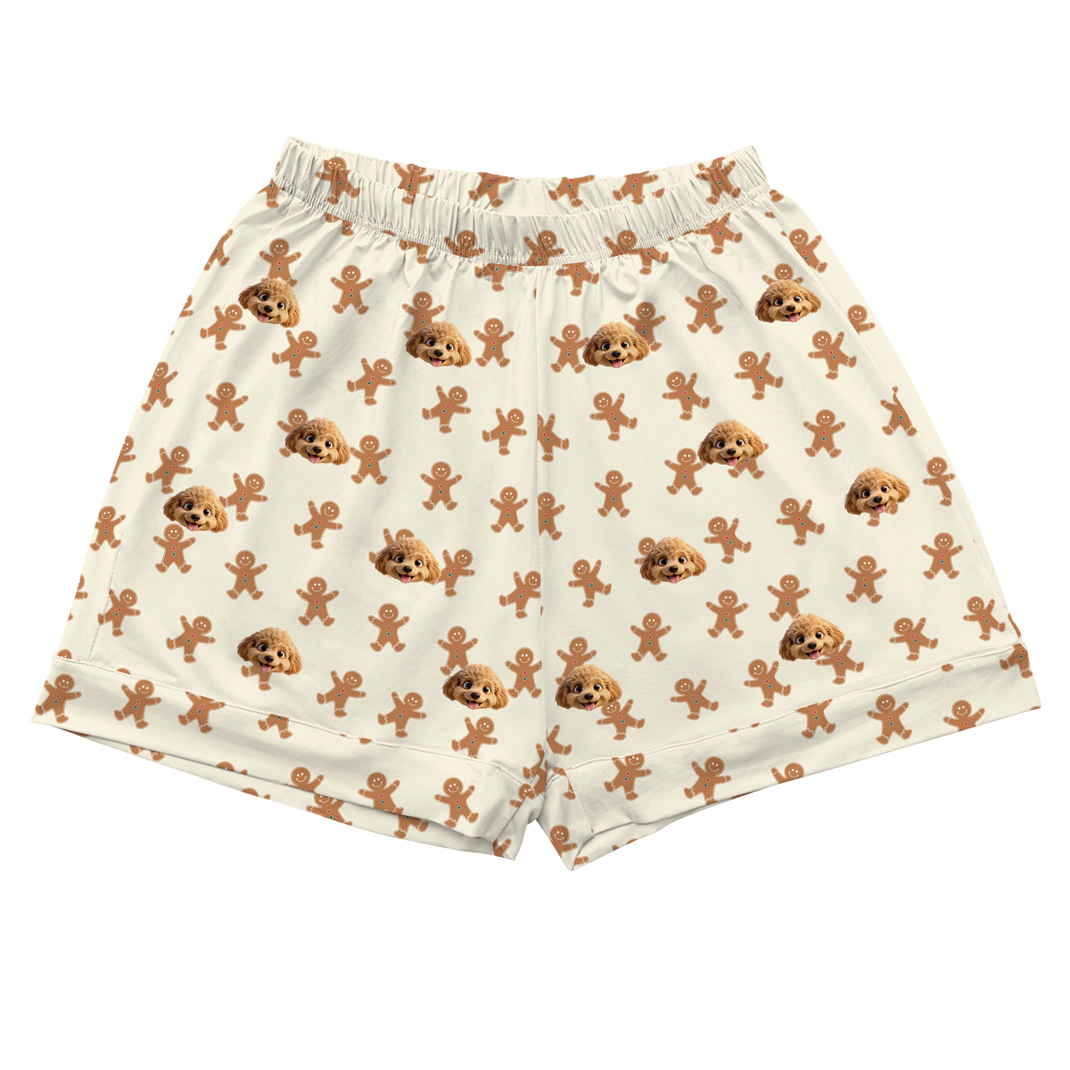 Shorts with a pattern of gingerbread men on a white background