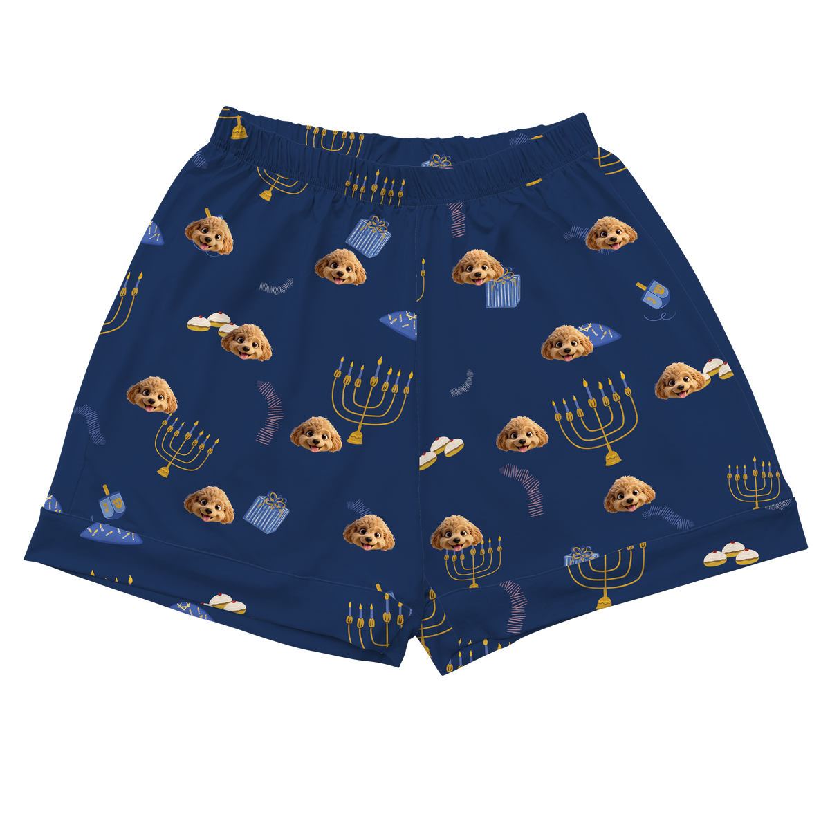Blue shorts with Hanukkah-themed pattern featuring dogs, candles, and dreidels on a white background.