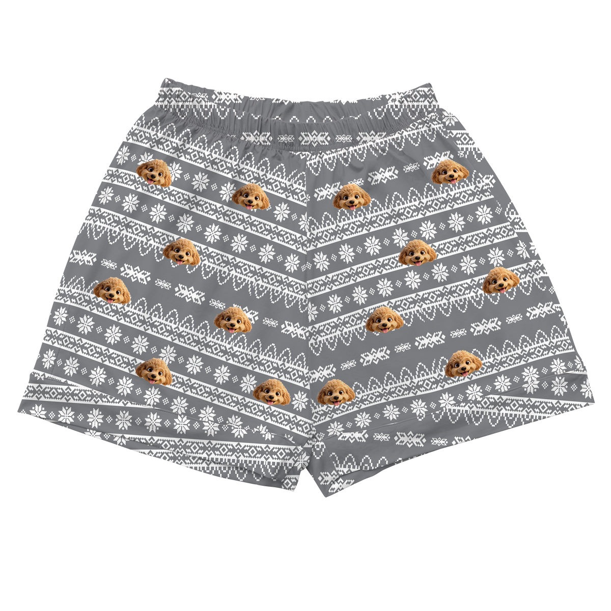Gray shorts with white pattern and dog faces on a white background