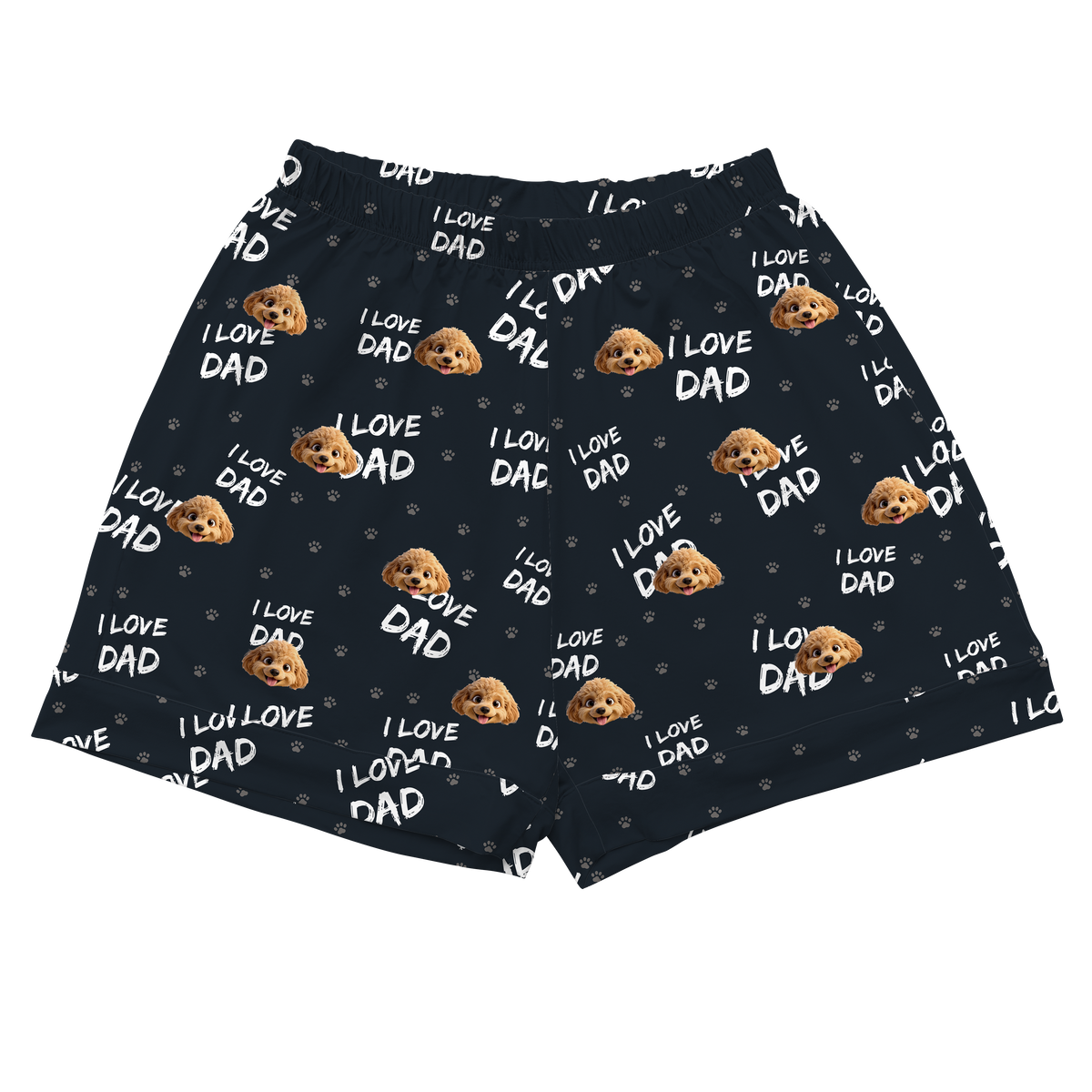 Black shorts with 'I Love Dad' text and dog illustrations on a white background
