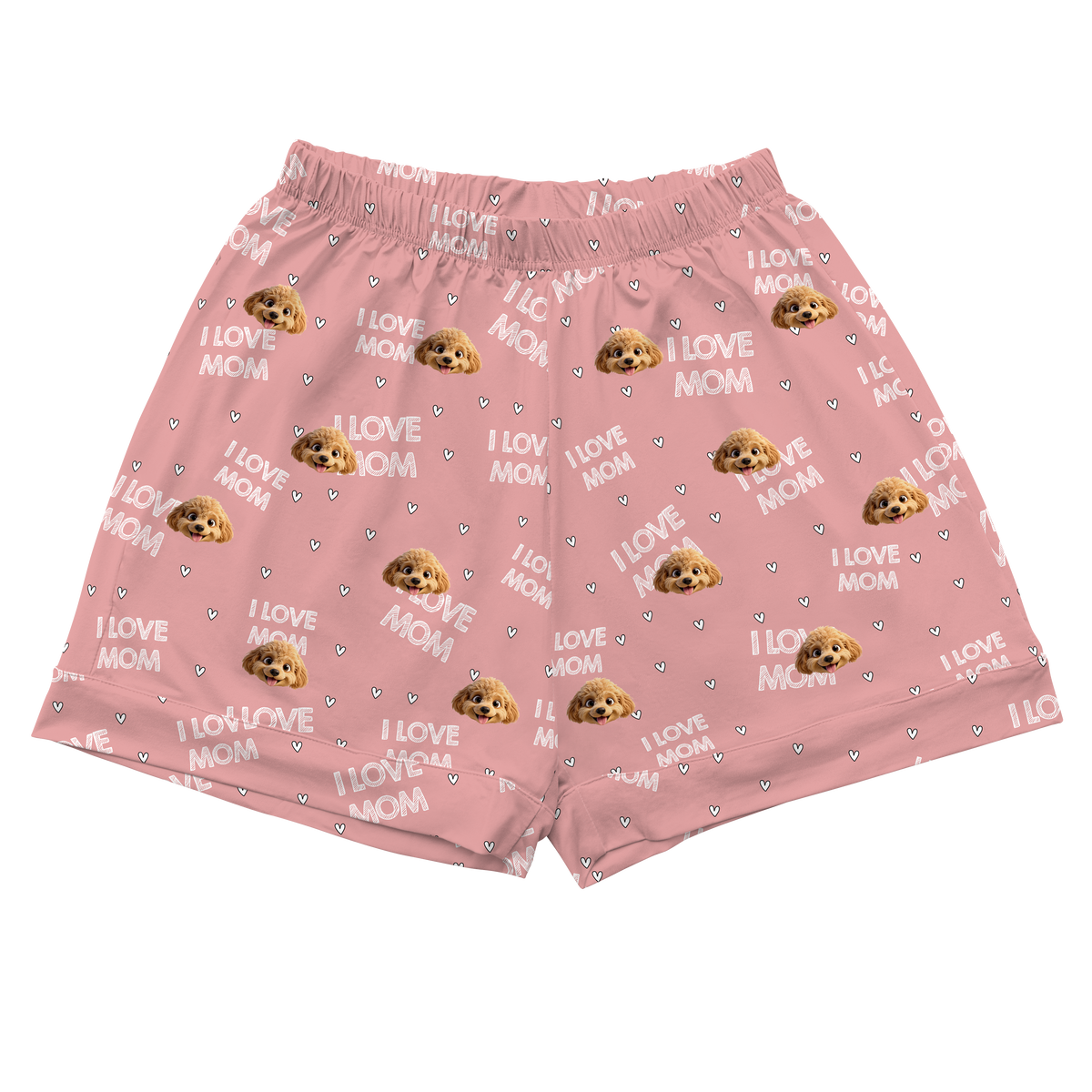 Pink shorts with 'I Love Mom' and cartoon dog prints on a white background