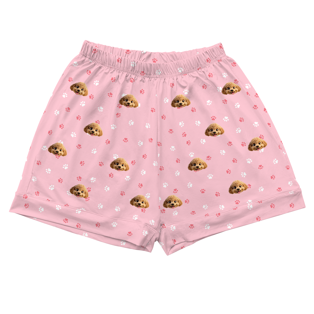 These are cartoon pajama shorts in a pink color with repeating pet faces on them[PajamaShorts]
