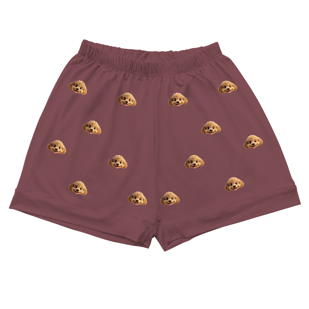 Maroon shorts with dog pattern on a white background