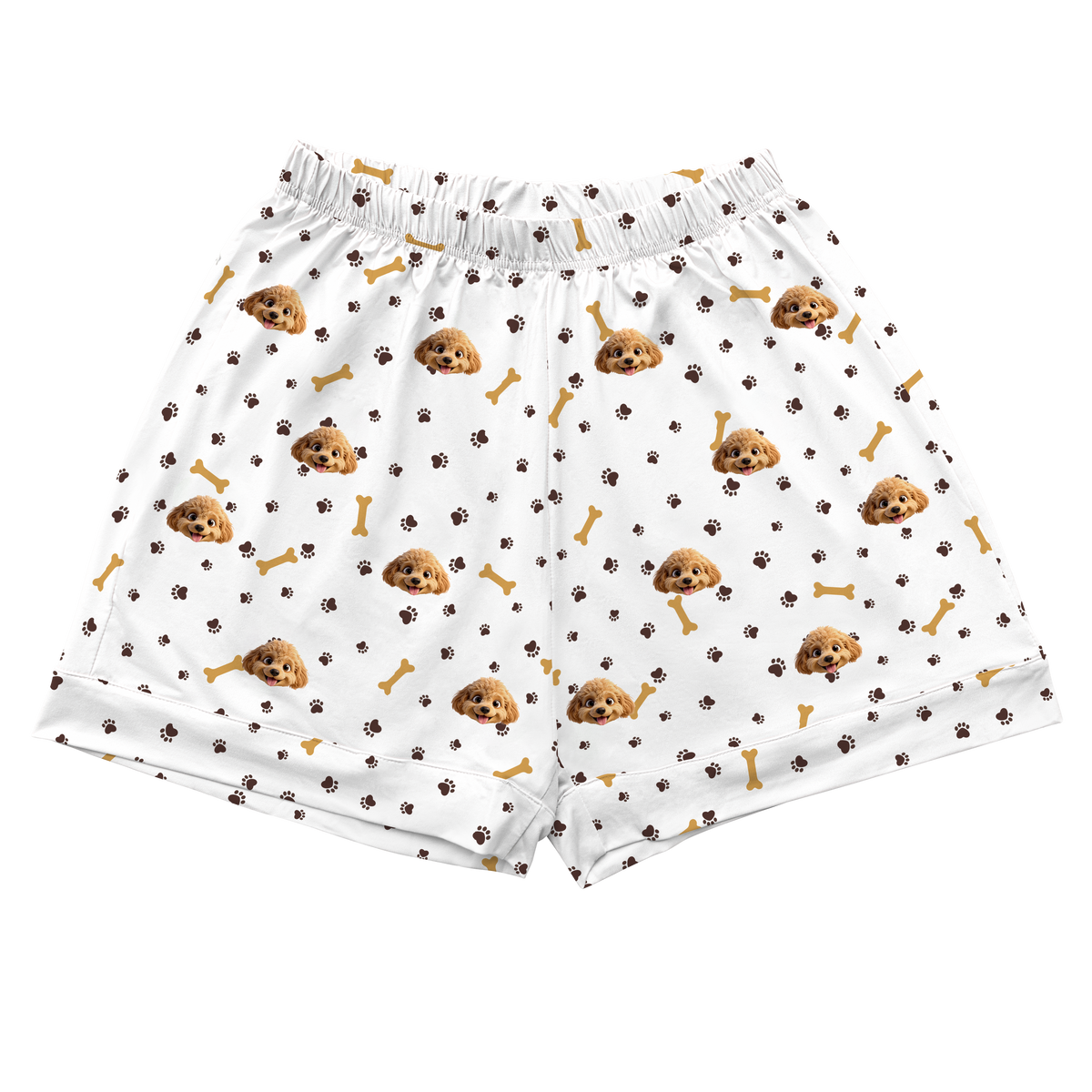White shorts with dog paws, bones, and cartoon dog prints on a white background