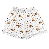 These are cartoon pajama shorts in a white color with repeating pet faces on them[PajamaShorts]