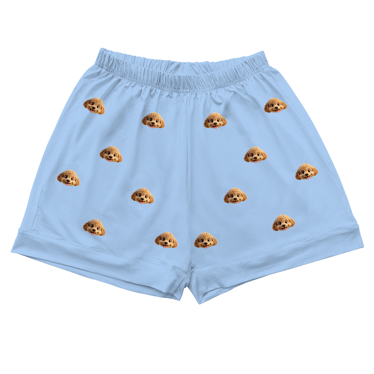 Light blue shorts with dog emoji pattern on a white background