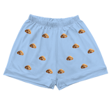 These are cartoon pajama shorts in a sky blue color with repeating pet faces on them[PajamaShorts]