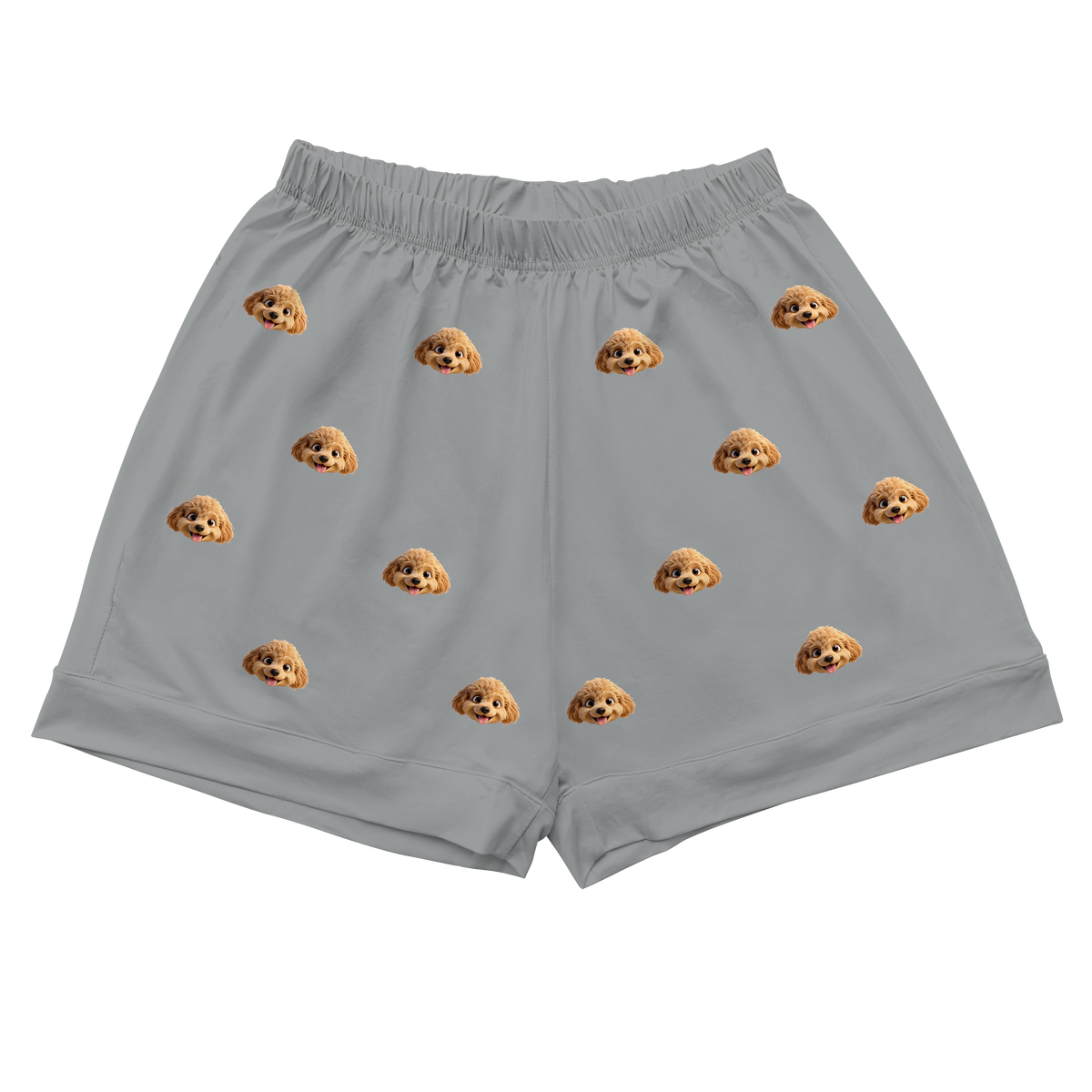 Gray shorts with dog emoji pattern on a white background