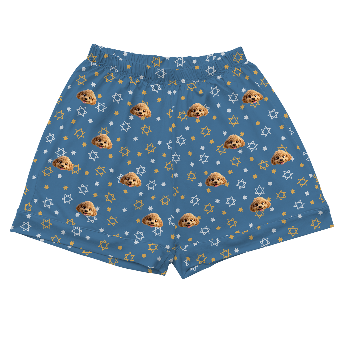 Blue shorts with star and dog pattern on a white background
