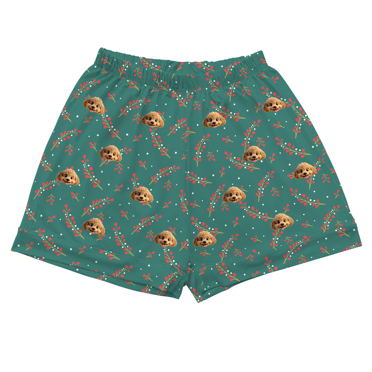 Green shorts with dog pattern on a white background