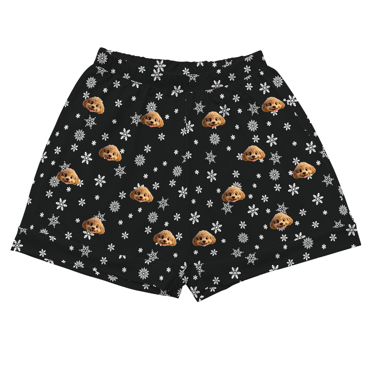 Black shorts with dog pattern and snowflakes on a white background