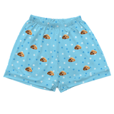 These are cartoon pajama shorts in a light blue color with repeating pet faces on them[PajamaShorts]