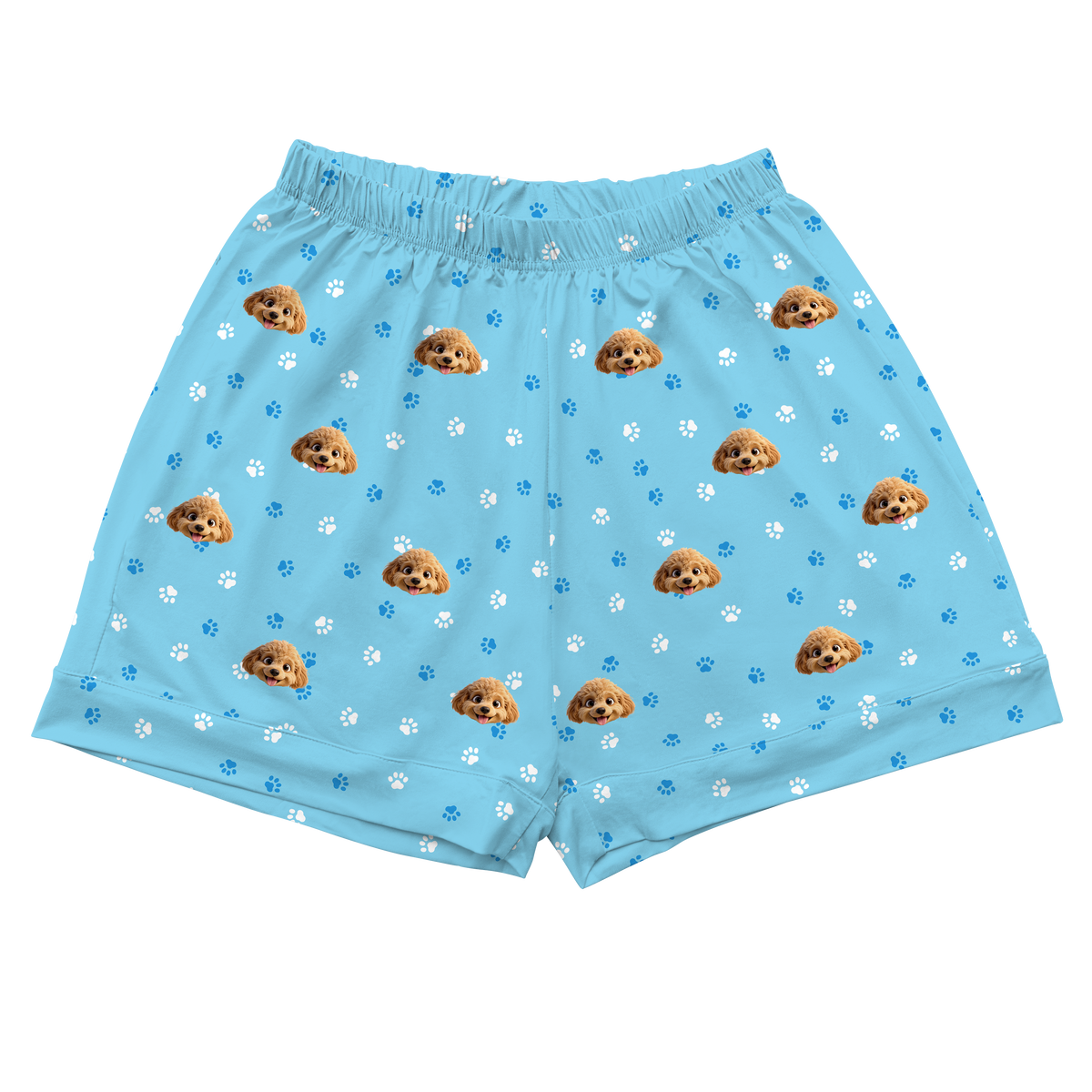 These are cartoon pajama shorts in a light blue color with repeating pet faces on them[PajamaShorts]