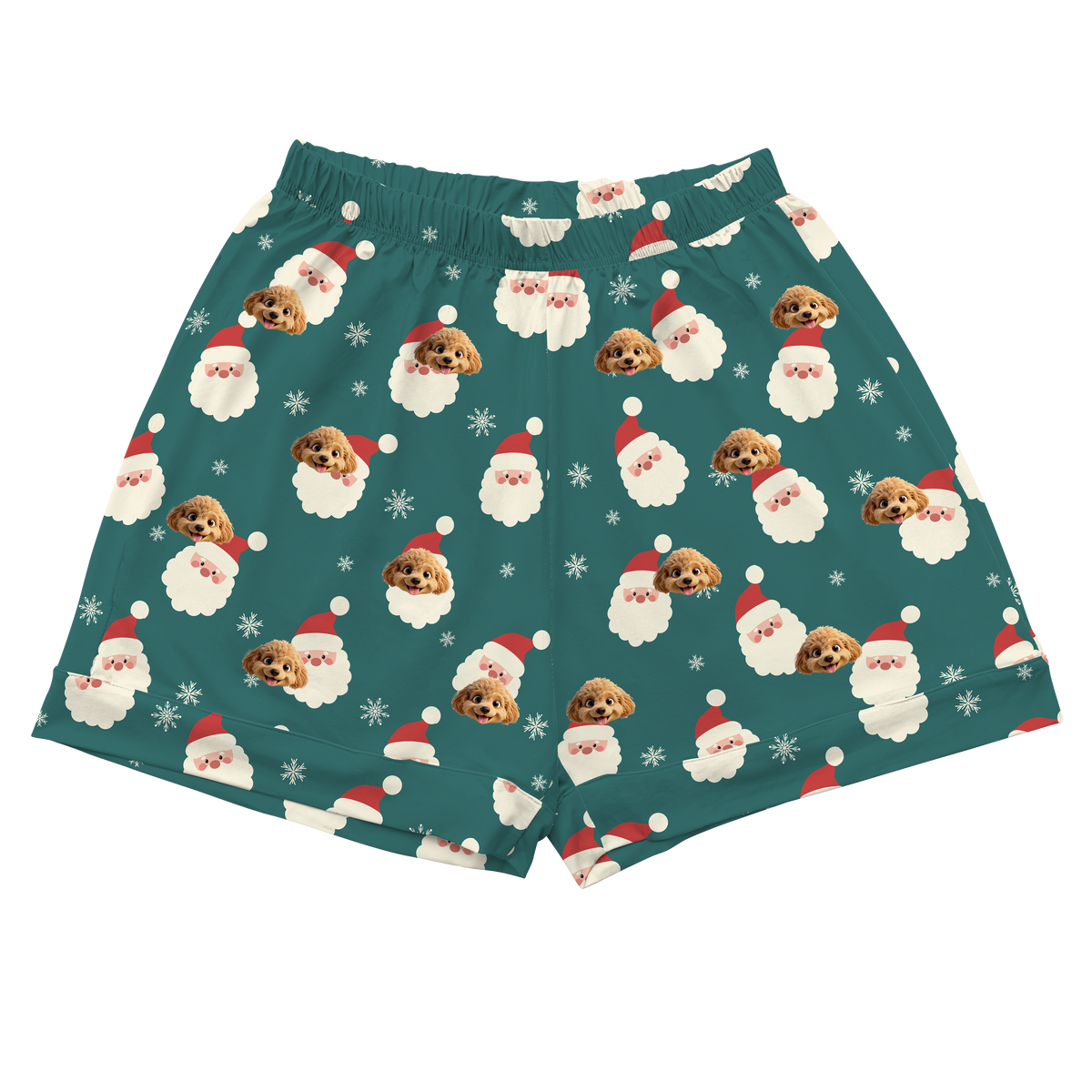 Green shorts with Santa Claus and dog pattern on a white background