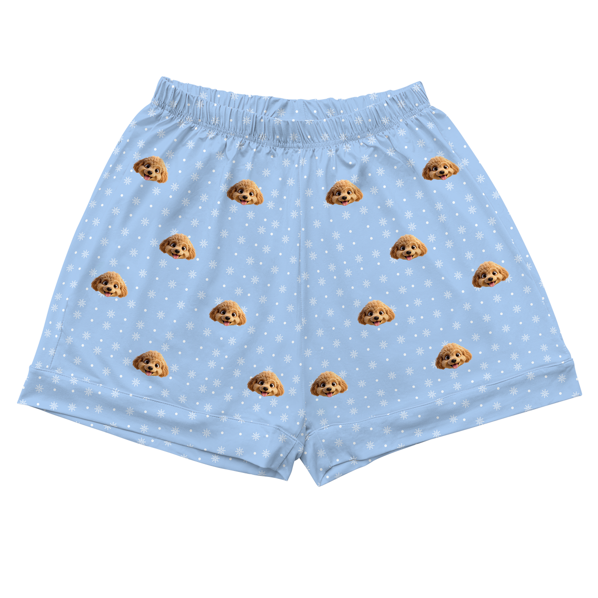 Light blue boxer shorts with dog emoji pattern on a white background