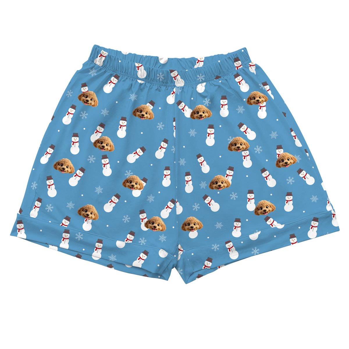 Blue boxer briefs with snowman and dog pattern on a white background