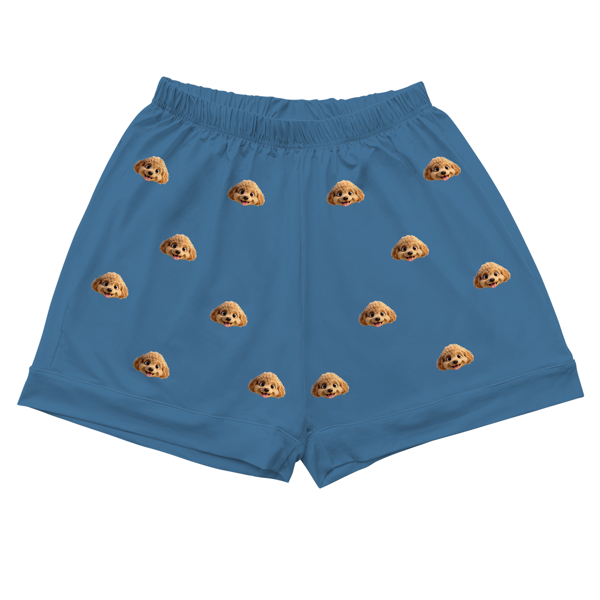 Blue shorts with dog pattern on a white background