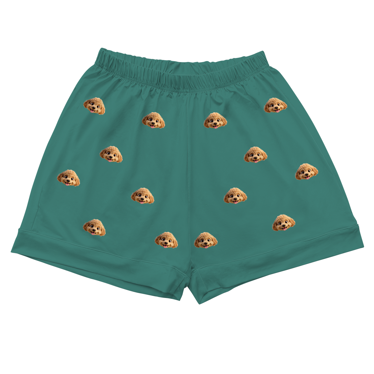 Teal shorts with dog pattern on a white background