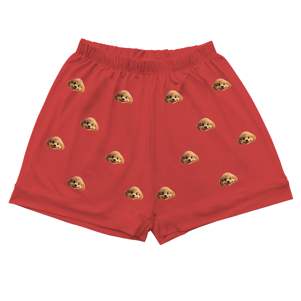 Red shorts with dog pattern on a white background