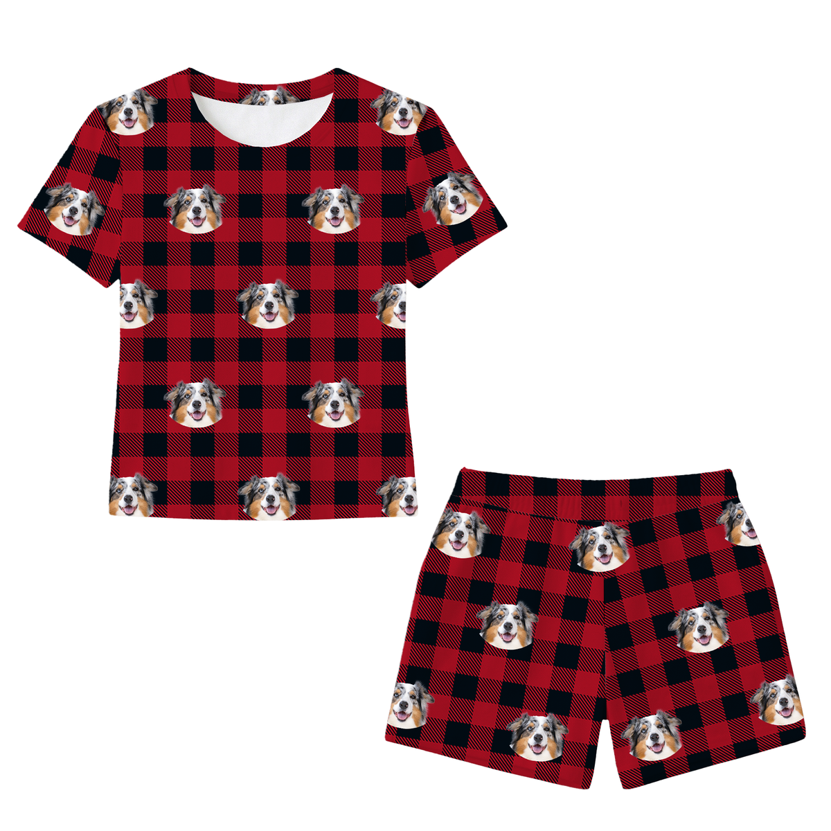 This is a Buffalo Plaid print pajama set with a relaxed t-shirt and pajama shorts covered in repeating pet faces[BuffaloPlaidRelaxedTShirtPajamaSet]