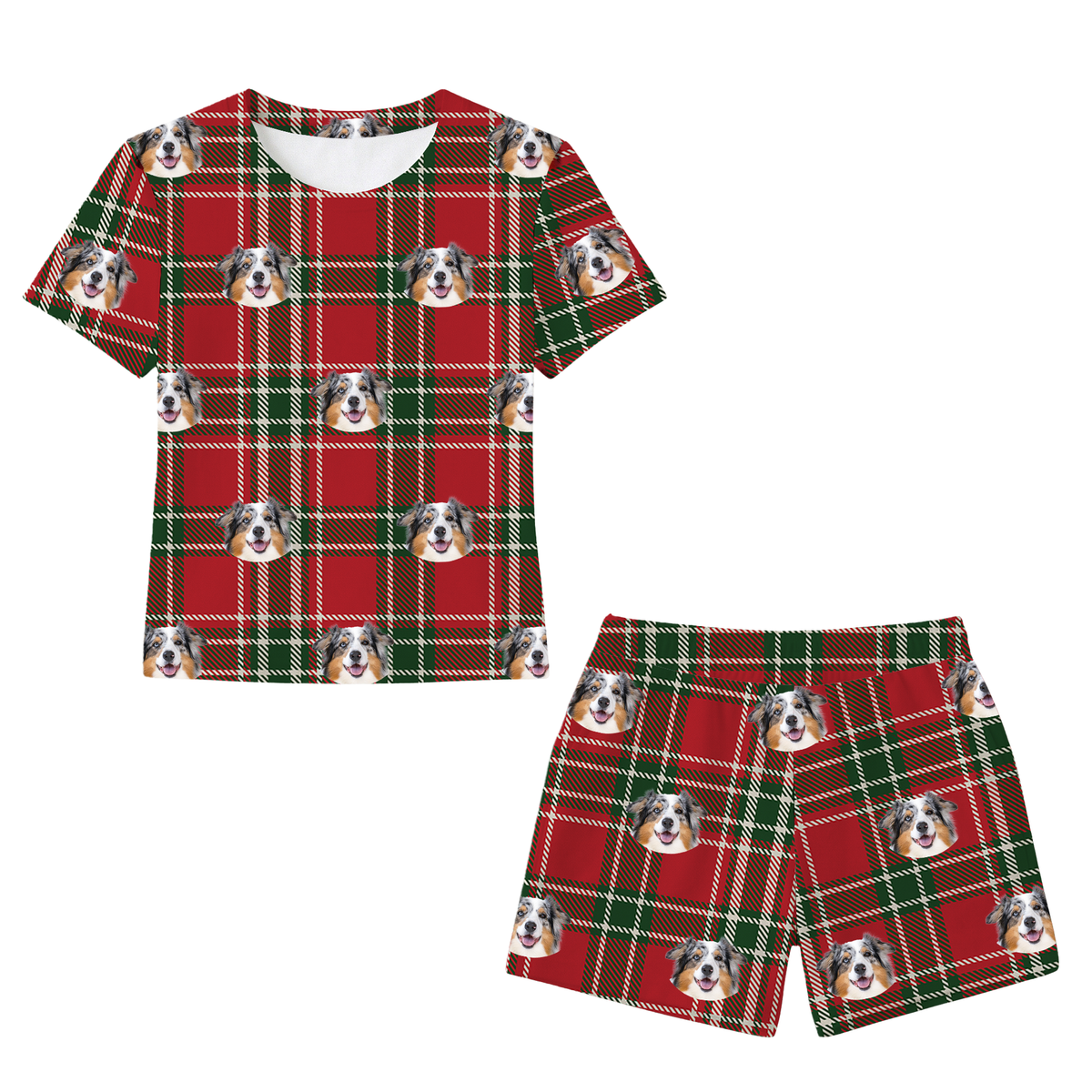 This is a Christmas Plaid print pajama set with a relaxed t-shirt and pajama shorts covered in repeating pet faces[ChristmasPlaidRelaxedTShirtPajamaSet]