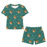 This is a Green Paws print pajama set with a relaxed t-shirt and pajama shorts covered in repeating pet faces[GreenPawsRelaxedTShirtPajamaSet]