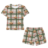 This is a Light Christmas Flannel print pajama set with a relaxed t-shirt and pajama shorts covered in repeating pet faces[LightChristmasFlannelRelaxedTShirtPajamaSet]