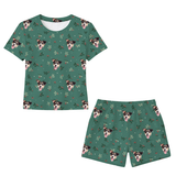 This is a Mistletoe print pajama set with a relaxed t-shirt and pajama shorts covered in repeating pet faces[MistletoeRelaxedTShirtPajamaSet]