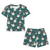 This is a Santa print pajama set with a relaxed t-shirt and pajama shorts covered in repeating pet faces[SantaRelaxedTShirtPajamaSet]