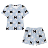 This is a Snowy Gingham print pajama set with a relaxed t-shirt and pajama shorts covered in repeating pet faces[SnowyGinghamRelaxedTShirtPajamaSet]