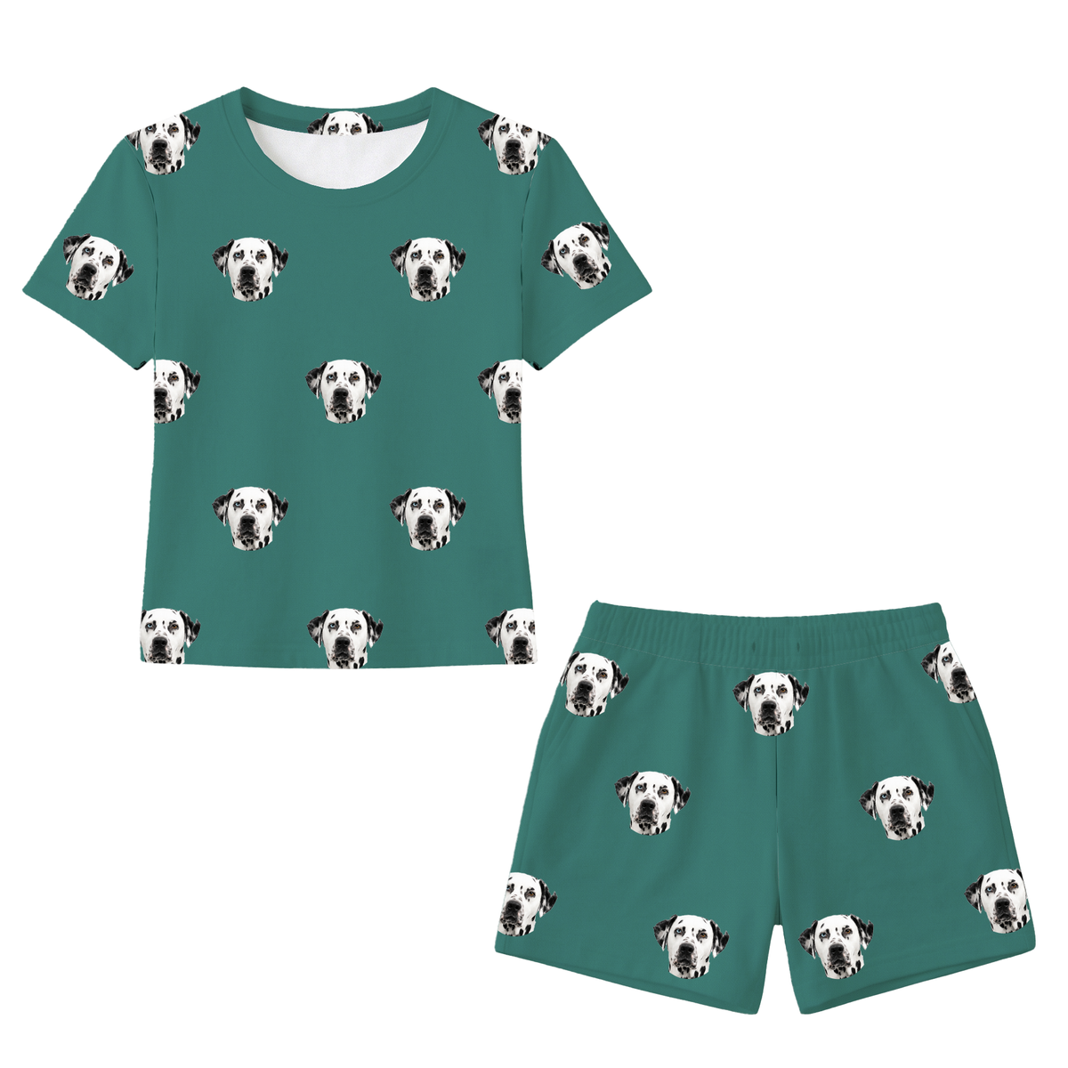 This is a Solid Green print pajama set with a relaxed t-shirt and pajama shorts covered in repeating pet faces[SolidGreenRelaxedTShirtPajamaSet]