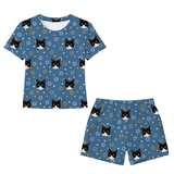This is a Star of David print pajama set with a relaxed t-shirt and pajama shorts covered in repeating pet faces[StarofDavidRelaxedTShirtPajamaSet]