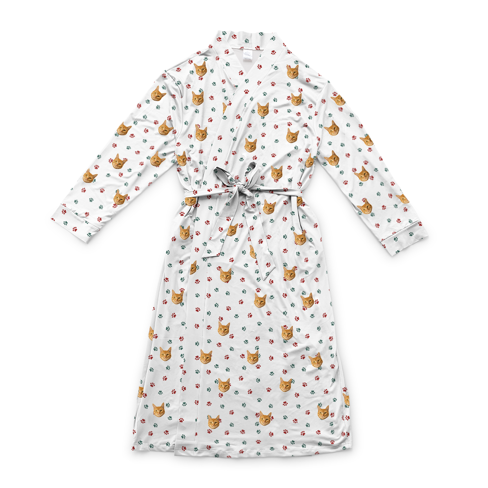 This is a robe in a Christmas Paws print with repeating pet faces on it[ChristmasPawsRobe]